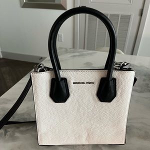 Michael Kors white handbag with black and gray accents